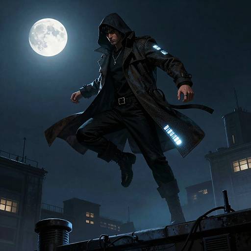 Moonlit Cyberpunk Detective Leaping Rooftops