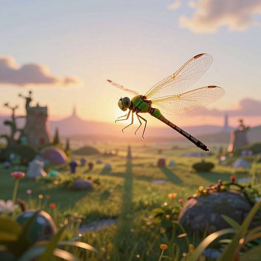 Photograph of a vividly colored dragonfly with translucent wings, flying over a sunlit, whimsical graveyard at sunset, with colorful flowers and blurred