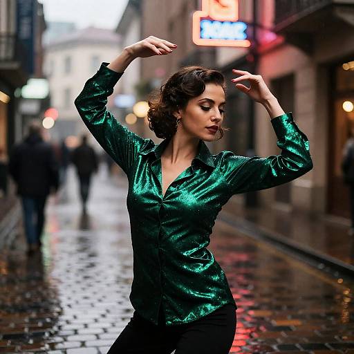 Tango dancer in emerald silk shirt on rainy street