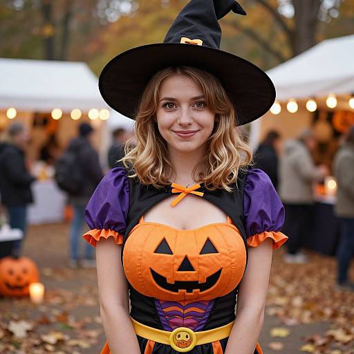 Photograph of a smiling blonde woman in a Halloween costume with a black witch hat, orange pumpkin-themed dress, and purple sleeves, standing outdoors at a