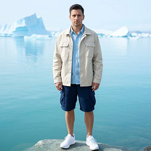 Photograph of a bearded man in a beige jacket, blue shirt, and dark shorts, standing on a rock by a calm blue sea. Bright