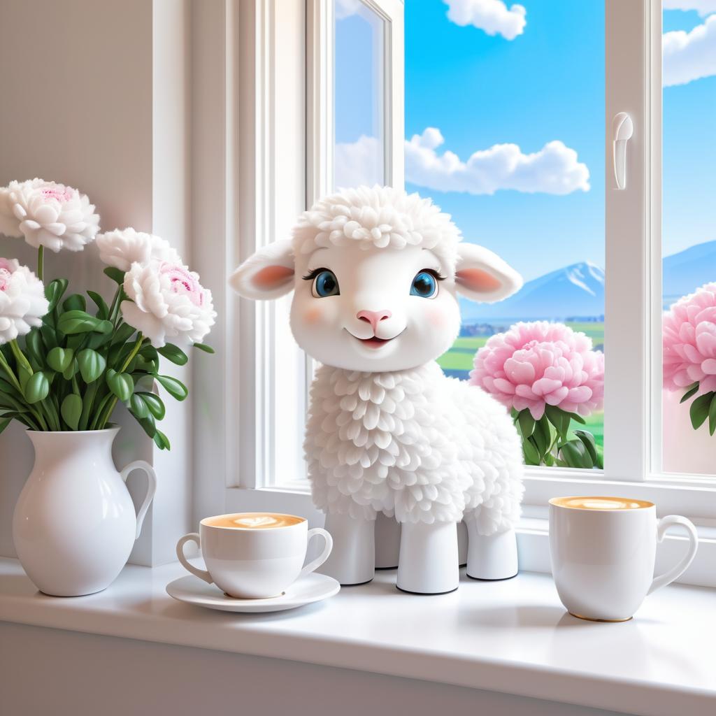 Charming Cartoon Lamb Enjoying Espresso