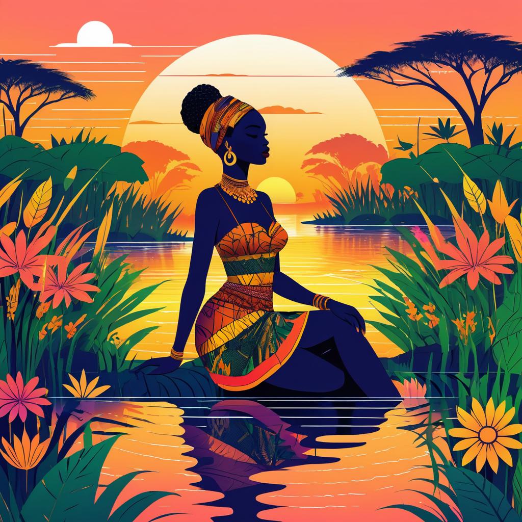 Charming Black Woman as a River in Sunset