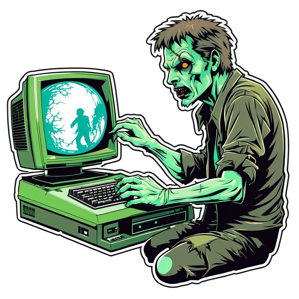 Zombie Working on Vintage Computer Sticker