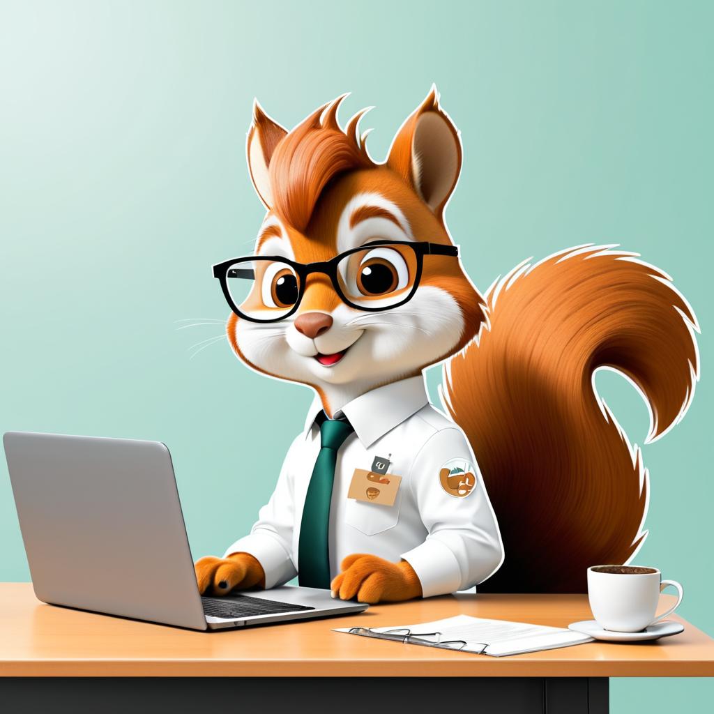 Confident Cartoon Squirrel at Desk