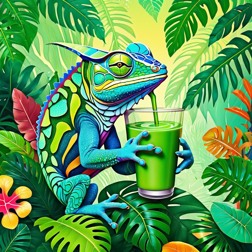 Vibrant Chameleon with Iced Latte in Jungle