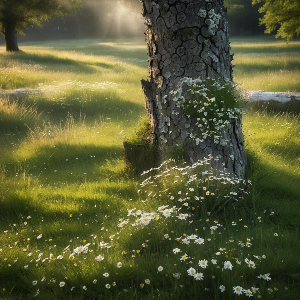 Moody Meadow: Weathered Tree and Daisies