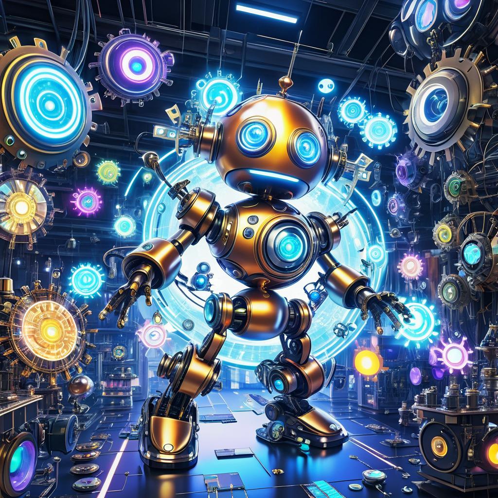 Goofy Robot in a Futuristic Workshop