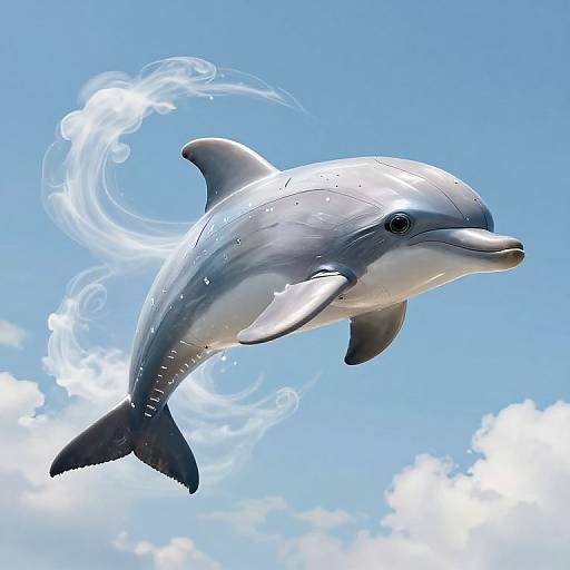 Photorealistic digital illustration of a silver dolphin with water swirls, leaping in a clear blue sky with white clouds.