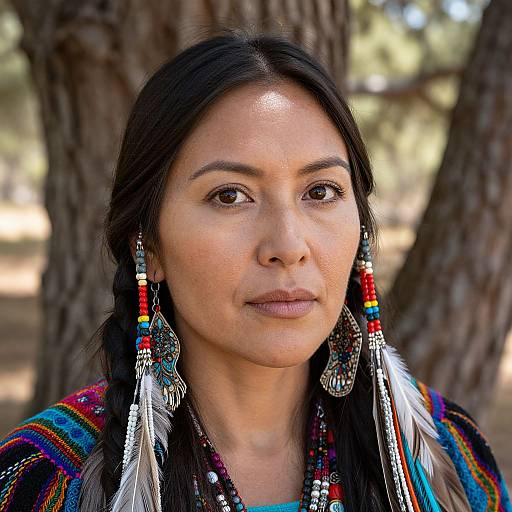 Photograph of a Native American woman with medium brown skin, black braided hair, and colorful traditional earrings, wearing a multicolored striped top,