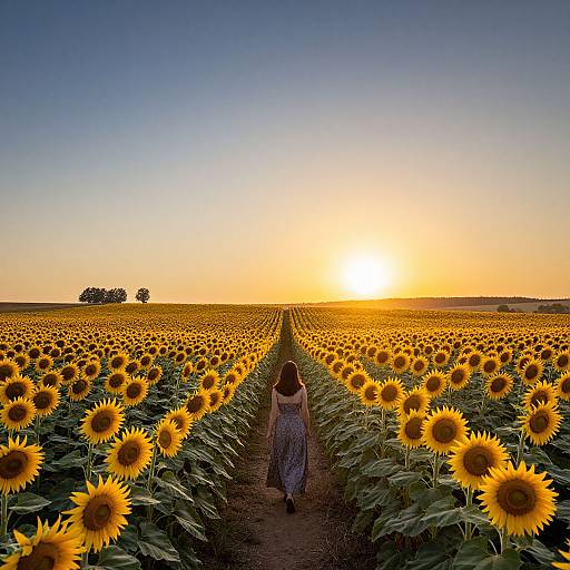 Sunflower Field at Sunset with Woman