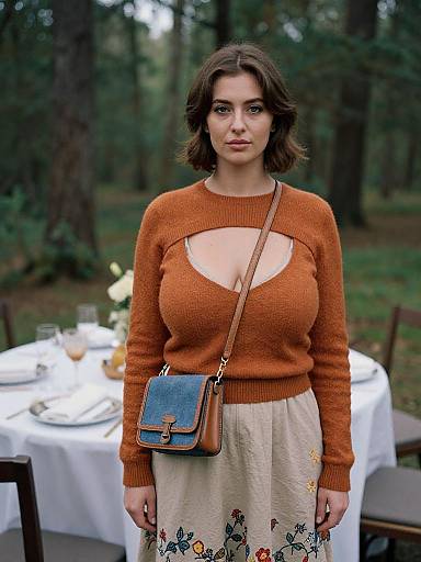 Photograph of a brunette woman with short hair, wearing an orange sweater with a keyhole cutout, beige floral skirt, and blue leather crossbody