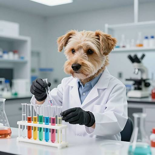 Photograph of a small brown dog with a beard wearing a white lab coat and black gloves, holding a pipette over colorful liquid samples in a modern