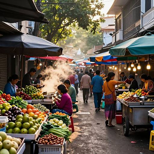 Photograph of a vibrant, bustling outdoor market with colorful stalls, vendors, and customers, surrounded by trees and illuminated by hanging lights.