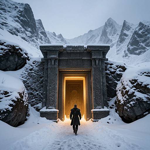 Viking at Snowy Ancient Ruin Entrance