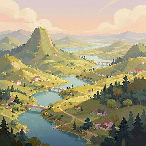 Digital painting of a serene, sunlit rural landscape with winding rivers, hills, small houses, bridges, and lush greenery under a pastel sky