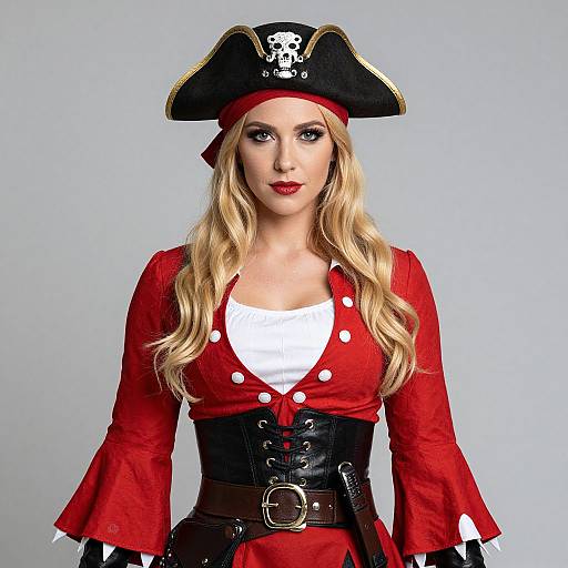 Blonde Woman in Red Pirate Costume