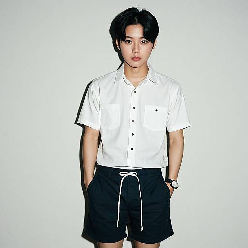 Young Asian Man in Casual Shorts Outfit