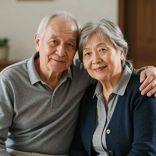 Photograph of an elderly couple smiling closely, man in gray polo, woman in gray blouse and black cardigan, soft indoor lighting.