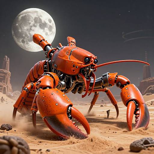 Digital art of a robotic, orange lobster with large claws, under a full moon in a dusty, desert-like landscape.