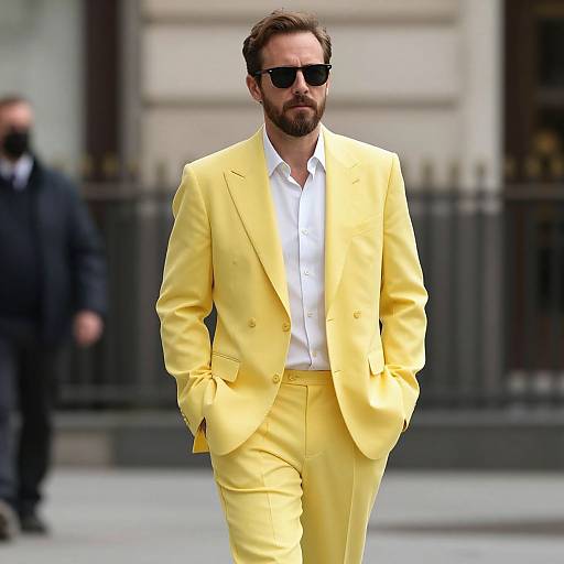 Photograph of a bearded man in a bright yellow suit, white shirt, and black sunglasses, walking confidently in a city street.