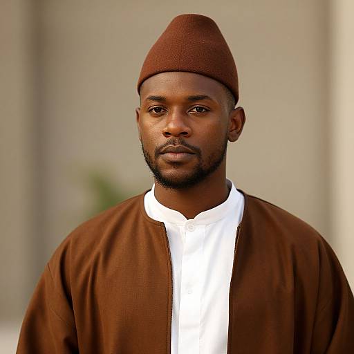 Photograph of a serious, dark-skinned Black man with a short beard, wearing a brown cap and white shirt with a brown robe. Blurred