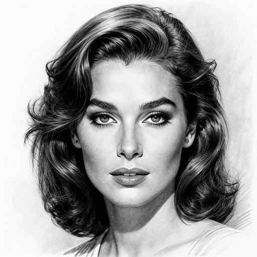 Black-and-white digital portrait of a woman with wavy hair, intense gaze, and detailed shading, capturing a classic, timeless look.