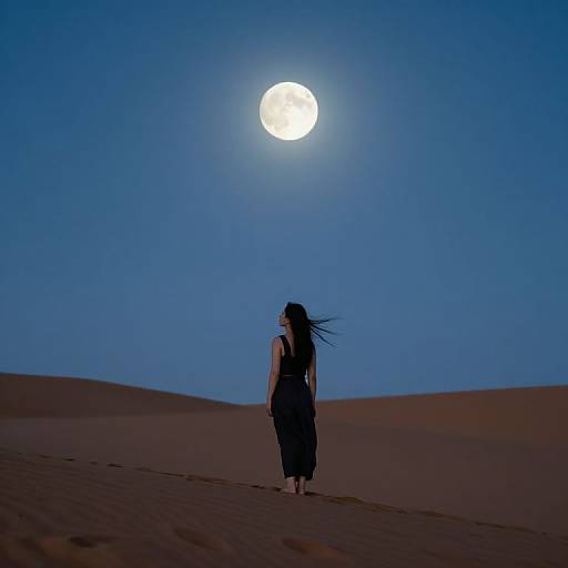 Silhouetted woman with long black hair gazes at full moon in clear blue night sky over desert dunes.
