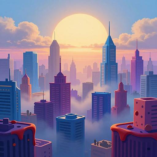Digital art of a vibrant city skyline at sunset, featuring colorful skyscrapers, a glowing sun, and mist-covered buildings.