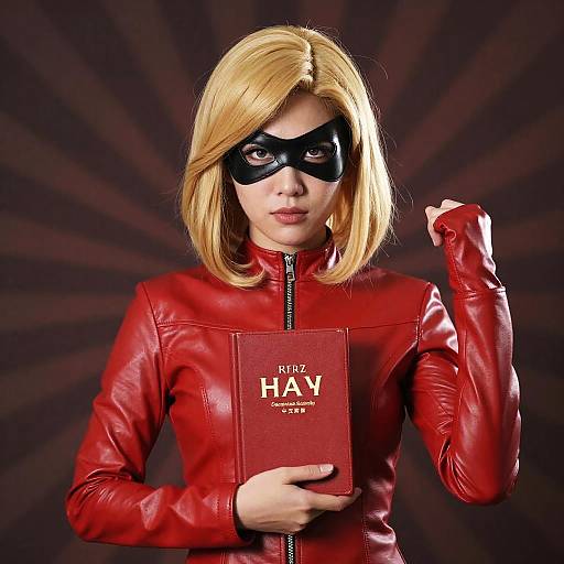 Photograph of a blonde woman in a red leather jacket, black mask, holding a red book titled 