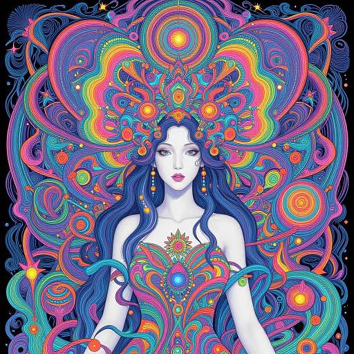 Digital artwork of a white-skinned woman with long blue hair, adorned with vibrant, colorful, swirling patterns and gem-like ornaments, set against a dark
