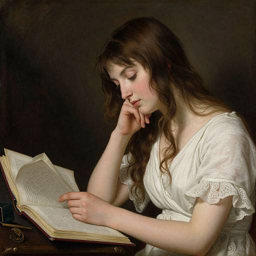 Photorealistic painting of a pale-skinned, brown-haired woman with delicate features, wearing a white lace dress, deeply focused on an open book,