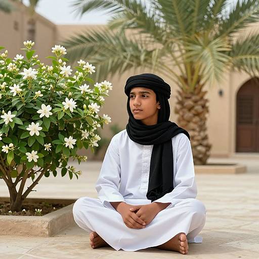 Peaceful Muslim Boy in Sunlit Courtyard