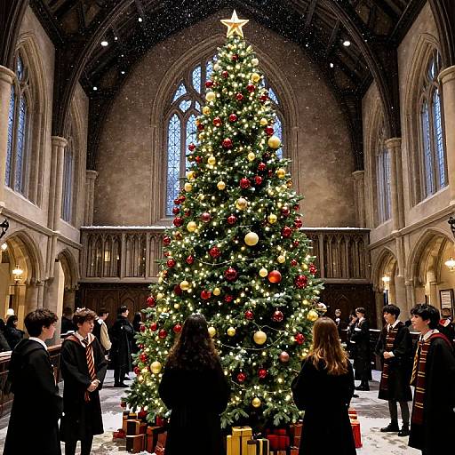 Photograph of a grand, decorated Christmas tree with gold and red ornaments in a Gothic-style cathedral, surrounded by people in dark formal attire.