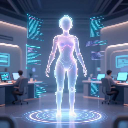 Digital CGI of a glowing, neon-blue, humanoid figure standing on a circular holographic platform in a futuristic lab with two scientists working on computers in the
