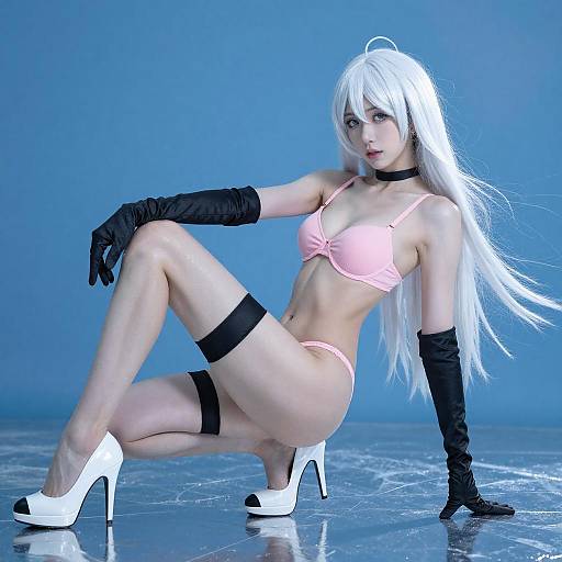 Dynamic Woman on Reflective Blue Surface