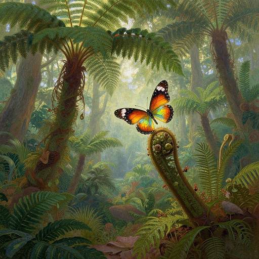 Digital painting of a vibrant orange and black butterfly with white spots perched on a moss-covered tree branch in a lush, sunlit fern forest.