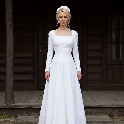 Photograph of a blonde woman in a white, long-sleeved wedding dress with a white hair bun, standing in front of a dark wooden building