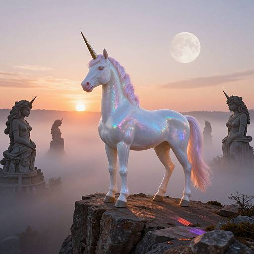 Photograph of a shimmering white unicorn with a horn, standing on a rocky cliff at sunset, surrounded by foggy statues.