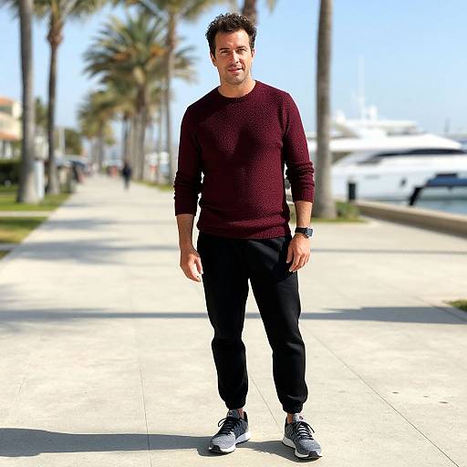 Photograph of a man with short brown hair, wearing a maroon sweater, black pants, and black sneakers, standing on a sunny, palm-tree