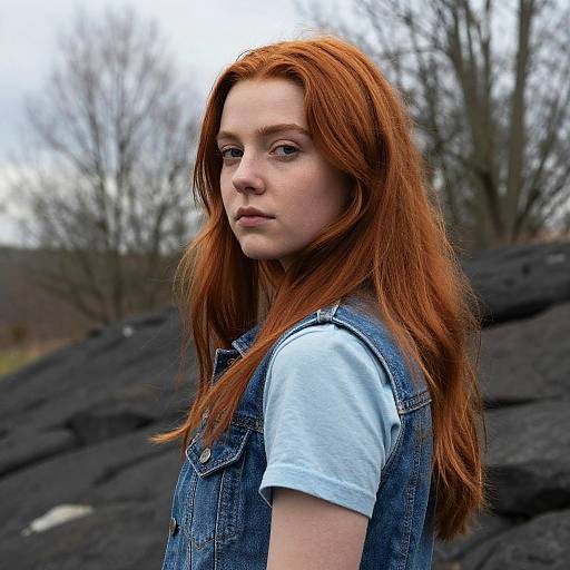 Photograph of a young woman with long red hair, wearing a denim vest over a white shirt, standing against a rocky, leafless background.