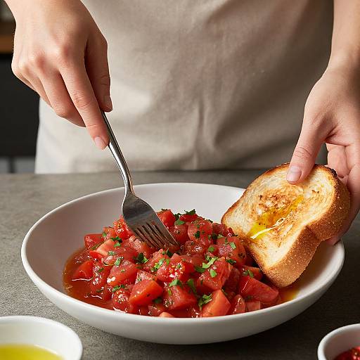 Photograph of hands serving tomato sauce with diced tomatoes and toast on a white bowl, with a fork and a creamy sauce in the background.