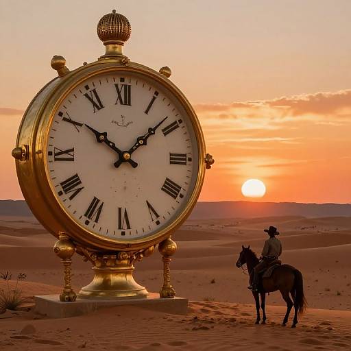 Giant ornate clock in desert at sunset, horseback rider in silhouette; golden clock, orange sky, sun low on horizon. Photorealistic
