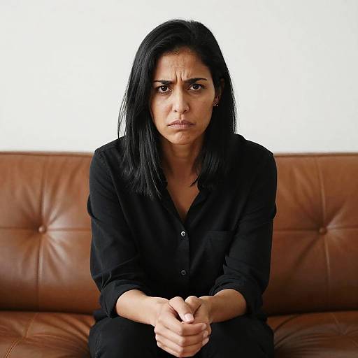 Serious Woman on Leather Couch