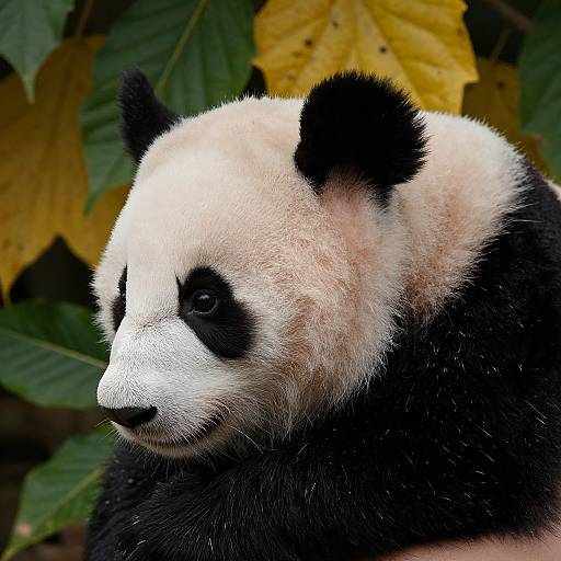 Photograph of a close-up panda with black and white fur, large black ears, and expressive eyes, set against a backdrop of green and yellow leaves