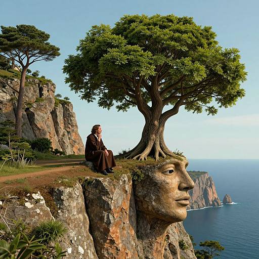 Photorealistic digital art: Man in black suit sits on cliff edge under surreal tree with face-root, overlooking ocean and cliffs. Bright, clear sky