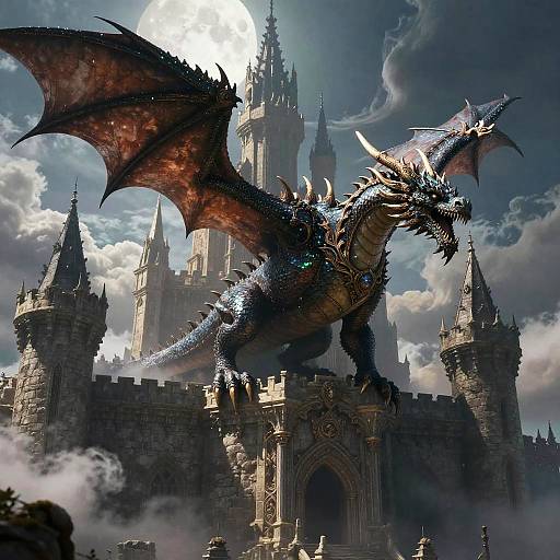 Epic Fantasy Dragon Over Ruined Castle