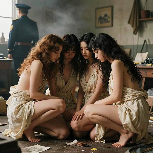 Four women crouching together in vintage room