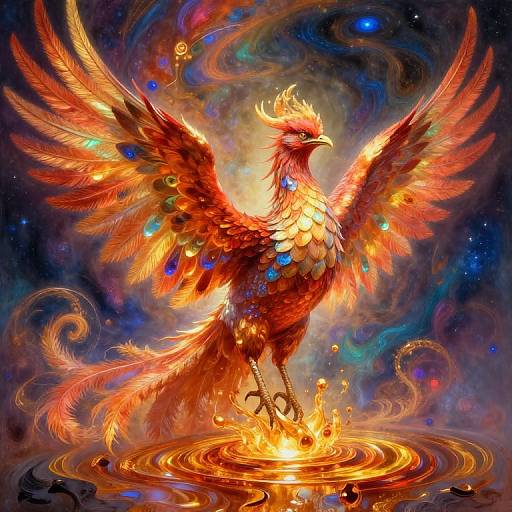 Digital fantasy artwork of a radiant, fiery phoenix with vibrant red, orange, and yellow feathers, adorned with blue gems, standing on a glowing, circular