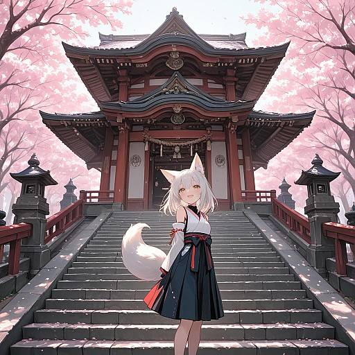 Fox Shrine Maiden on Cherry Stairs